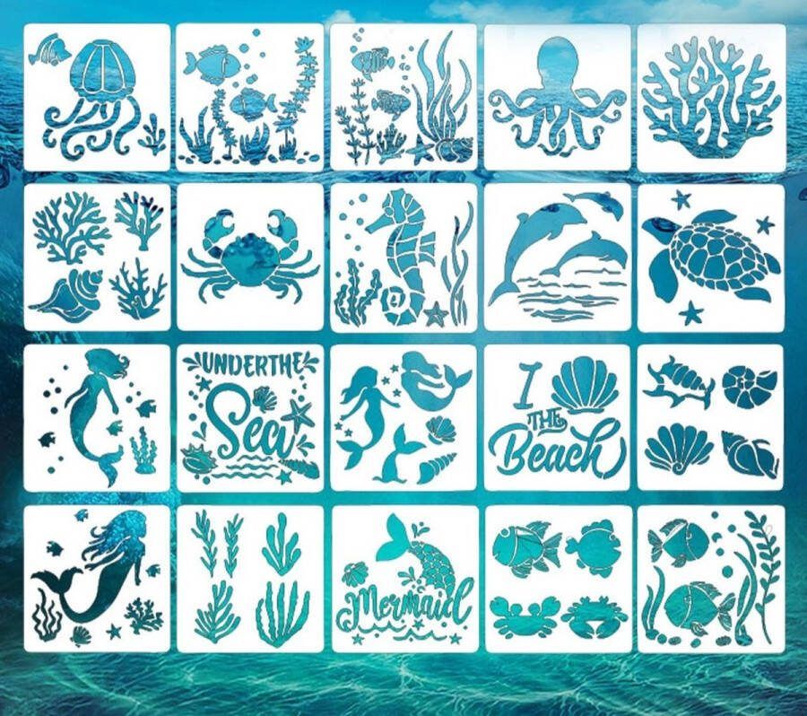 Bullet Journal Flexibele Plastic Stencils 20 stuks Templates Zee Zeedieren Sea animals Zeemeermin Strand Beach Schelpen Octopus Schildpad Planten Zeewier Mix Sjablonen 13 x 13 cm Handlettering toolkit Knutselen