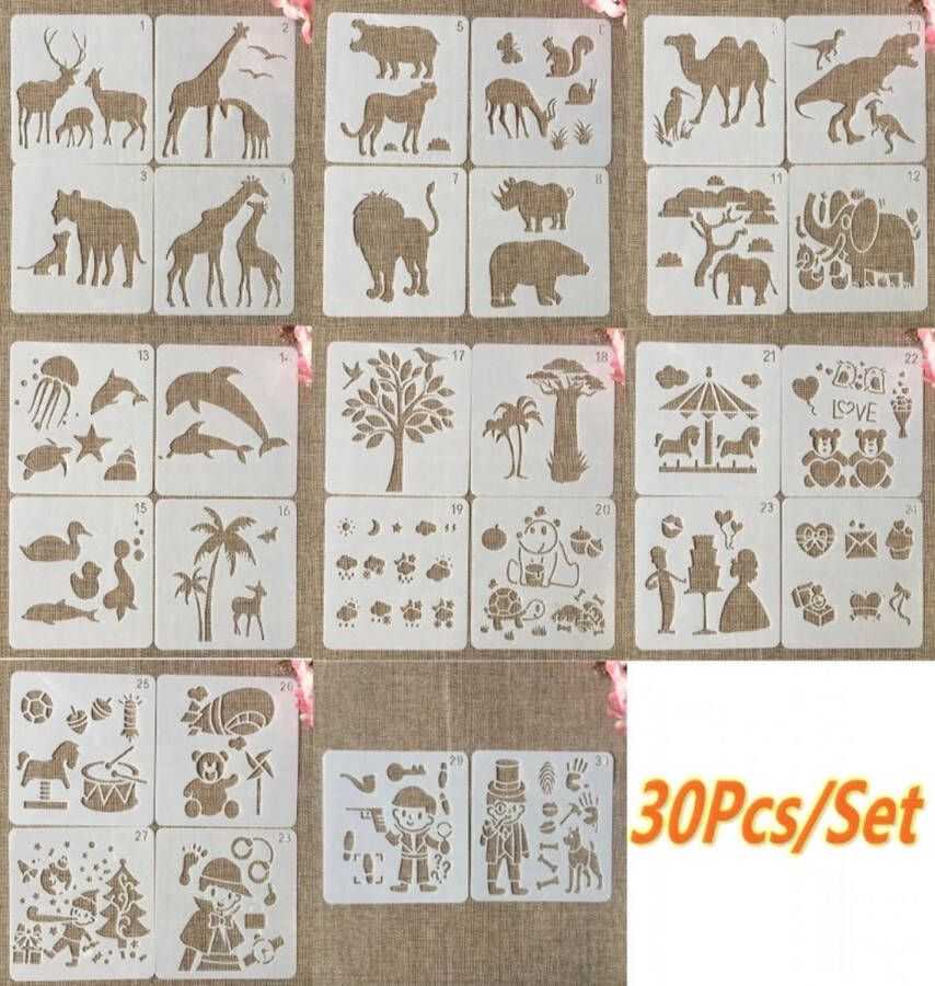 Bullet Journal Flexibele Plastic Stencils 30 stuks Templates Dieren Safari Love Spelletjes Winter Weer Sherlock Detective Mix Sjablonen 15 x 15 cm Handlettering toolkit Knutselen Decoratie Accessoires