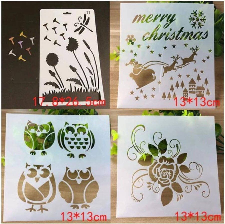Merkloos Sans marque Bullet Journal Plastic Stencils 4 stuks Paardenbloem Uilen Hart Kerst Templates Sjablonen 17 8 x 26 5 cm & 3x 13 x 13 cm Handlettering toolkit Knutselen Decoratie Accessoires kerst christmas