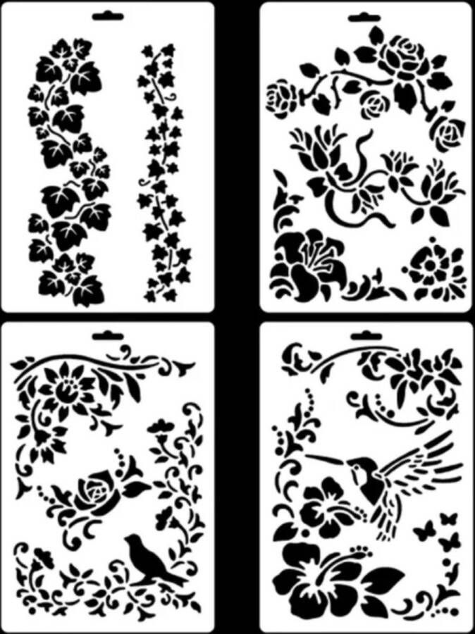Bullet Journal Flexibele Plastic Stencils 4 stuks Templates Wijnranken Lianen Liaan Wijnrank Kolibrie Vogels Planten Klimplant Mix Sjablonen 26 x 18 cm Handlettering toolkit Knutselen Decoratie Accessoires