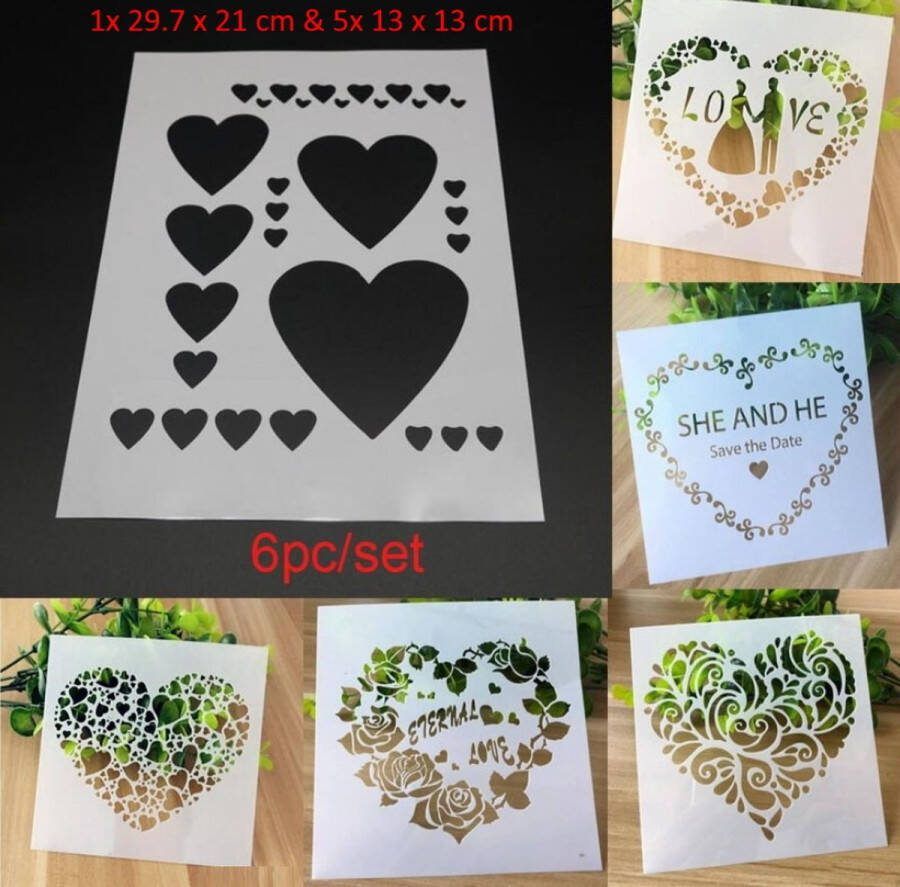 Bullet Journal Flexibele Plastic Stencils 6 stuks Templates Eternal Love Bruiloft Trouwerij Marriage Bruid Bruidegom Harten Save the Date Mix Sjablonen 5 x 13 x 13 cm 1 x 29.7 x 21 cm Handlettering toolkit Knutselen