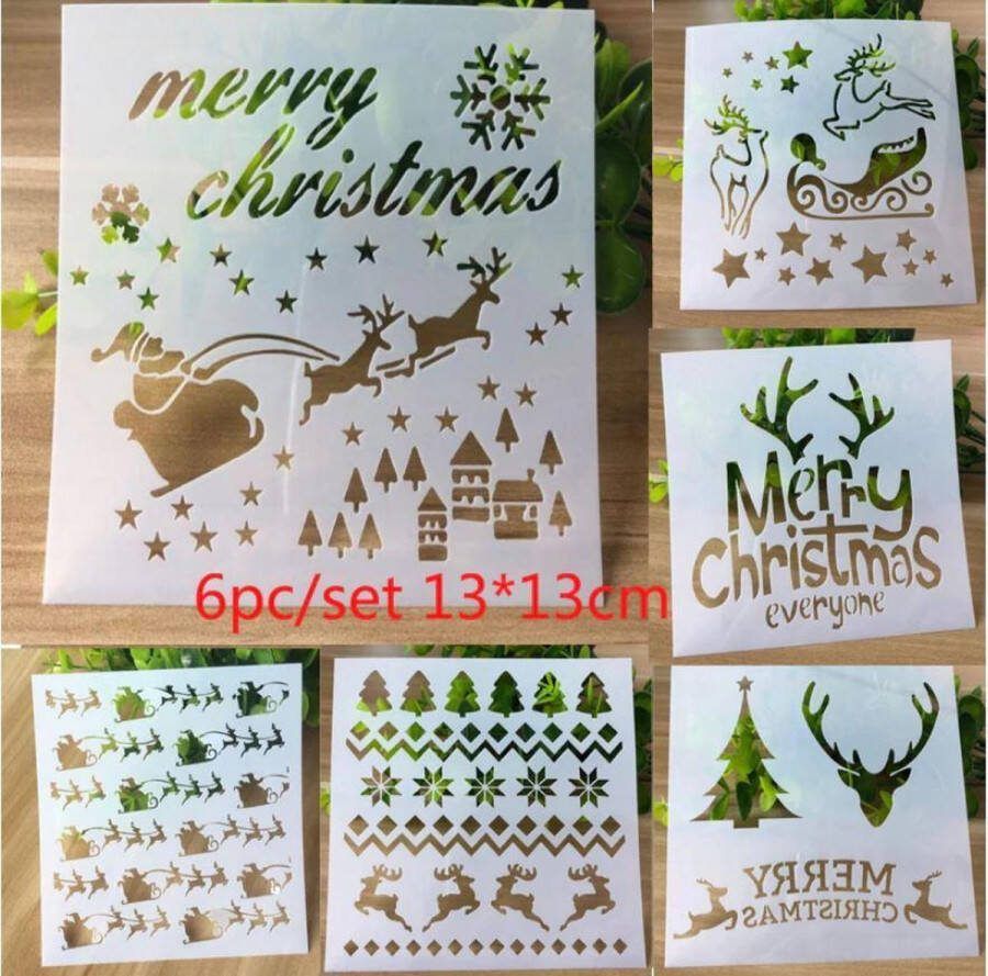 Merkloos Sans marque Bullet Journal Plastic Stencils 6 stuks Templates Kerst Merry Christmas Slee Rendieren Raindeer Mix Sjablonen 13 x 13 cm Handlettering toolkit Knutselen Decoratie Accessoires