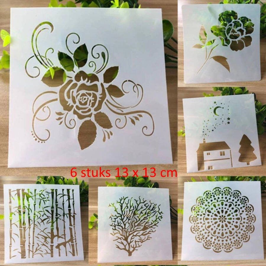 Merkloos Sans marque Bullet Journal Plastic Stencils 6 stuks Templates Vogels Hearts Huis met schoorsteen en sterren Bloemen Roos Mix Sjablonen 13 x 13 cm Handlettering toolkit Knutselen Decoratie Accessoires
