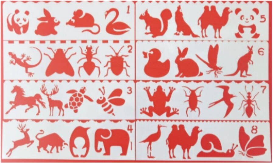 Bullet Journal Flexibele Plastic Stencils 8 stuks Templates Dieren Animals Panda Konijn Eekhoorn Insecten Paard Olifant Slak Kameel Stier Vogel 5 x 18 3cm Handlettering toolkit Knutselen Decoratie Accessoires