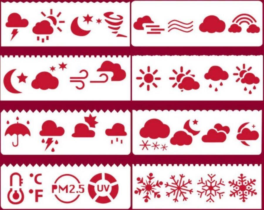 Merkloos Sans marque Bullet Journal Plastic Stencils 8 stuks Templates Weer Klimaat Temperatuur PM2.5 UV Ijs Sneeuw Wind Regen Hagel Zon Regenboog Sjablonen 5 x 18 3cm Handlettering toolkit Knutselen Decoratie Accessoires