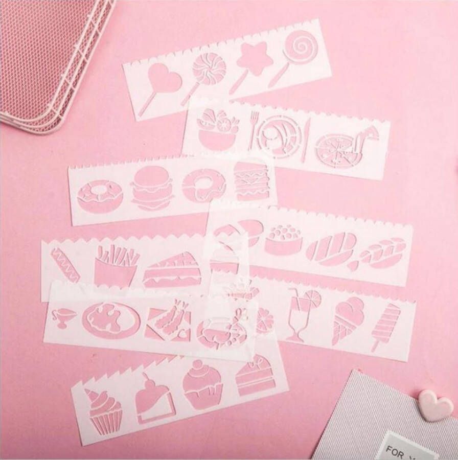 Bullet Journal Flexibele Plastic Stencils 8 stuks Templates Zoetigheid Snoep Fastfood Junkfood Cake Ijs taart Gebak Patisserie Sjablonen 5 x 18 5cm Handlettering toolkit Knutselen Decoratie Accessoires