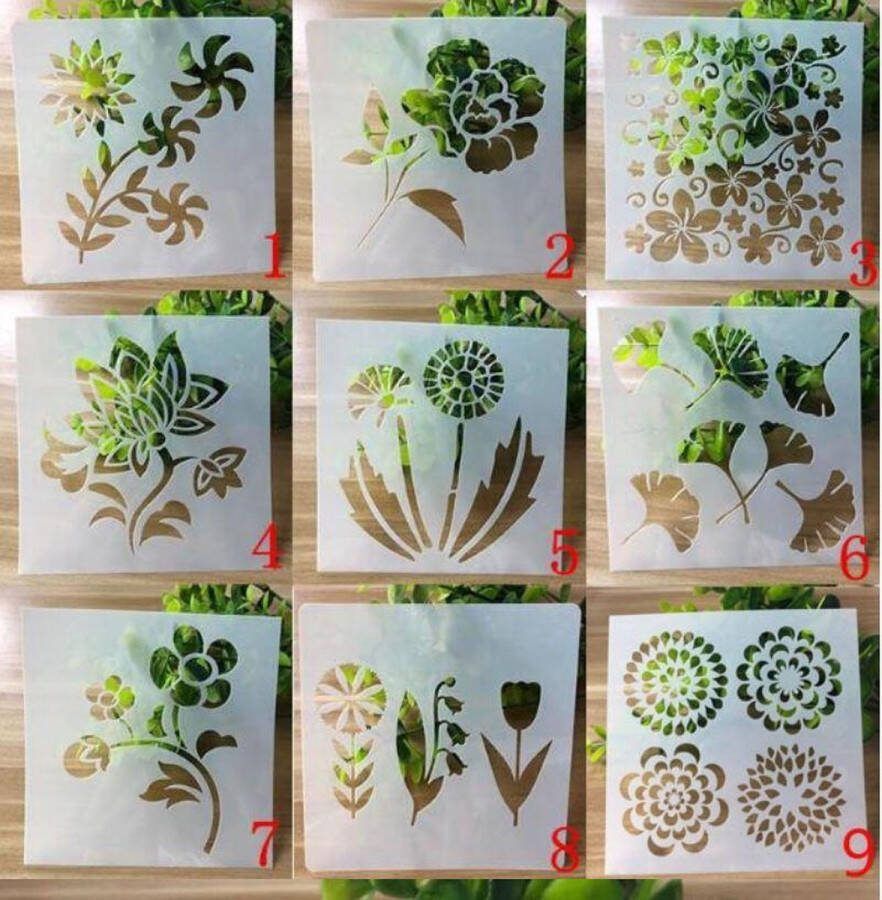 Merkloos Sans marque Bullet Journal Plastic Stencils 9 stuks Templates Bloemen Flowers Mix Sjablonen 13 x 13 cm Handlettering toolkit Knutselen Decoratie Accessoires