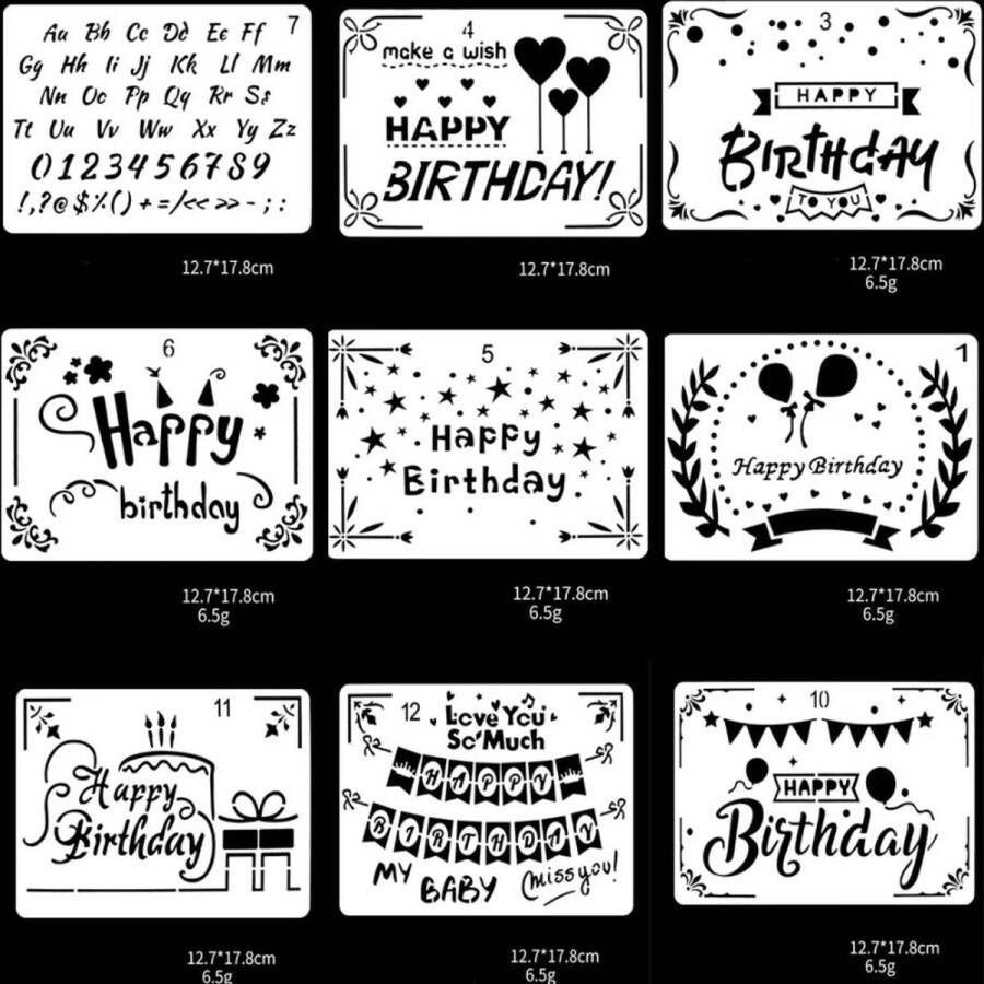 Merkloos Sans marque Bullet Journal Plastic Stencils 9 stuks Templates Verjaardag Birthday Mix Sjablonen 12.7 x 17.8 cm Handlettering toolkit Knutselen Decoratie Accessoires