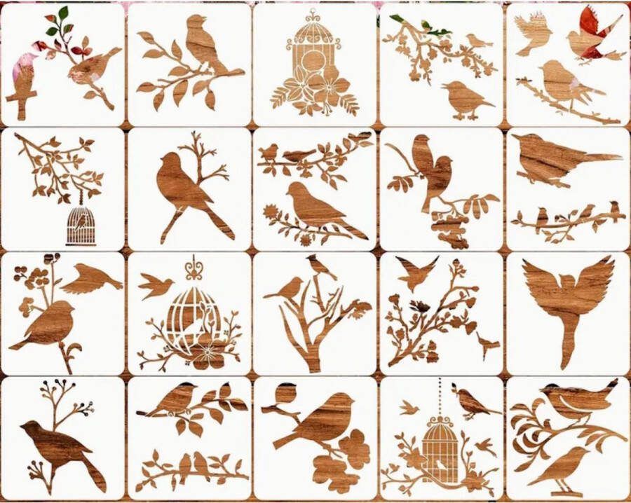 Bullet Journal Flexibele Plastic Stencils Vogels Design 20 stuks Templates Sjablonen 12.7 x 12.7 centimeter Handlettering toolkit Knutselen Decoratie Accessoires Birds on Branches Leaves Vogels in Bomen Planten