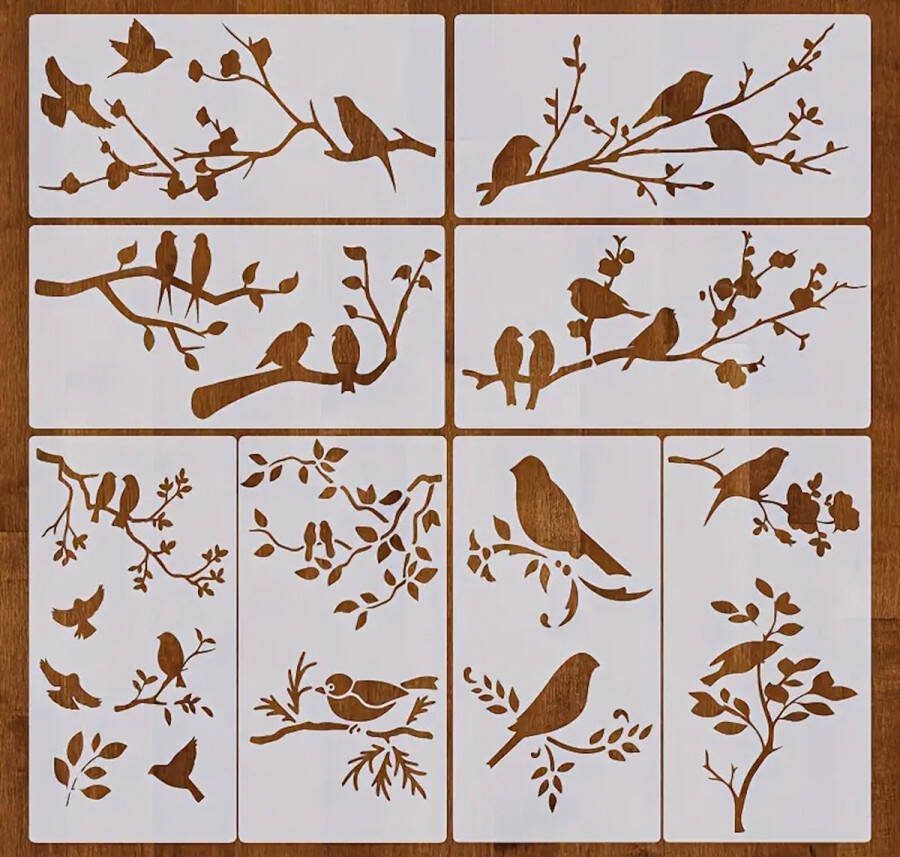 Bullet Journal Flexibele Plastic Stencils Vogels Design 8 stuks Templates Sjablonen 14 x 28 centimeter Handlettering toolkit Knutselen Decoratie Accessoires Birds on Branches Leaves Vogels in Bomen Planten