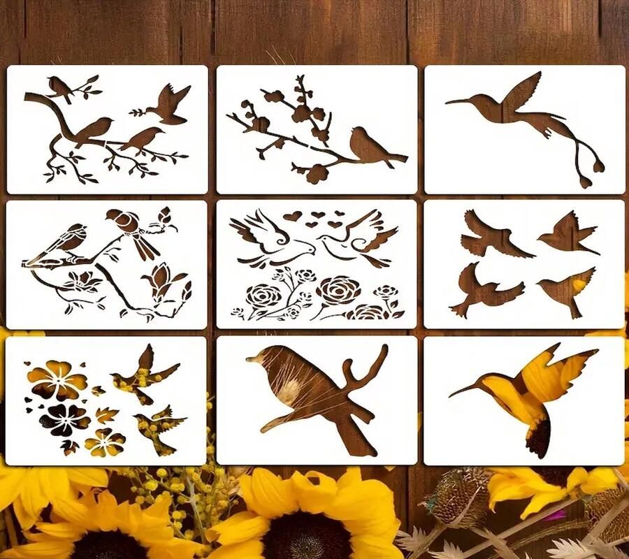 Bullet Journal Flexibele Plastic Stencils Vogels Design 9 stuks Templates Sjablonen 15.2 x 12.7 centimeter Handlettering toolkit Knutselen Decoratie Accessoires Birds on Branches Leaves Vogels in Bomen Planten