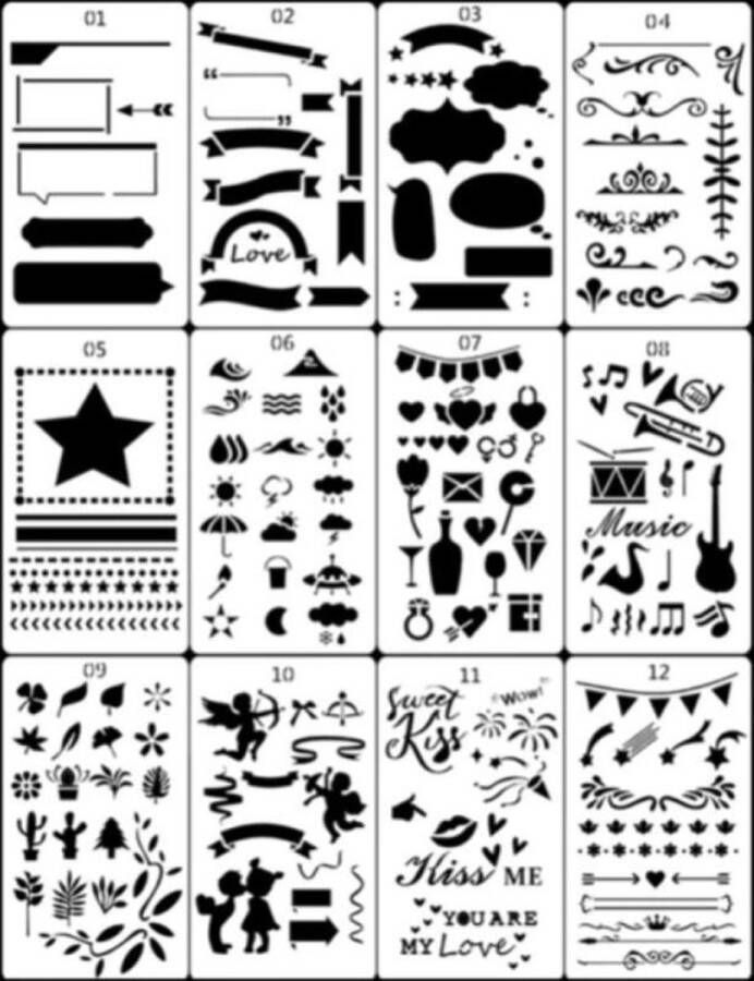 Merkloos Sans marque Bullet Journal Plastic Stencils 12 stuks Templates Sjablonen 10 x 18 centimeter Handlettering toolkit Knutselen Decoratie Accessoires