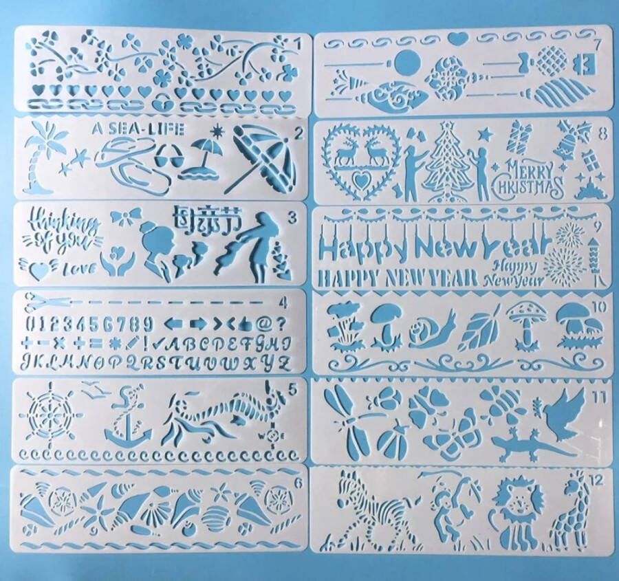 Bullet Journal Plastic Stencils 12 stuks Templates n Merry Christmas Happy New Year Strand Zee Schelpen Bloemen Letters Dieren Sjablonen 5 8 x 20cm Handlettering toolkit Knutselen Decoratie Accessoires