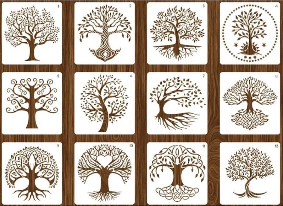 Bullet Journal Plastic Stencils 12 stuks Templates Tree of Life Bomen Boom Levensboom Mix Sjablonen 15 x 15 cm Handlettering toolkit Knutselen Decoratie Accessoires