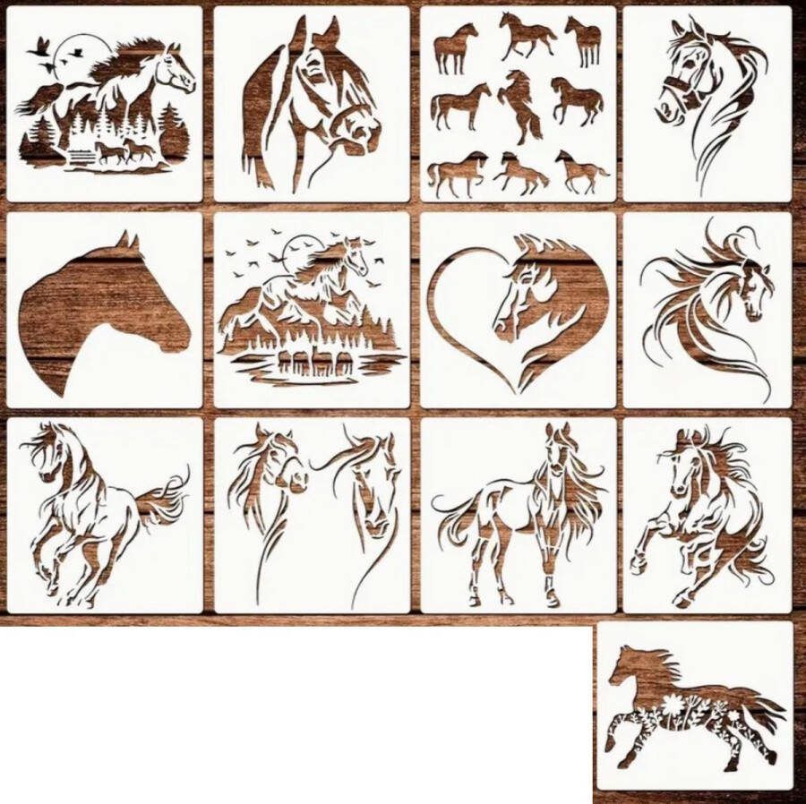 Bullet Journal Plastic Stencils 13 stuks Templates Paarden Horses Paardenliefde Paardenmeisjes Galop Draven Equestrian Steigeren Springen Draf Rensport Dressuur Mix Sjablonen 15 x 15 cm Handlettering toolkit