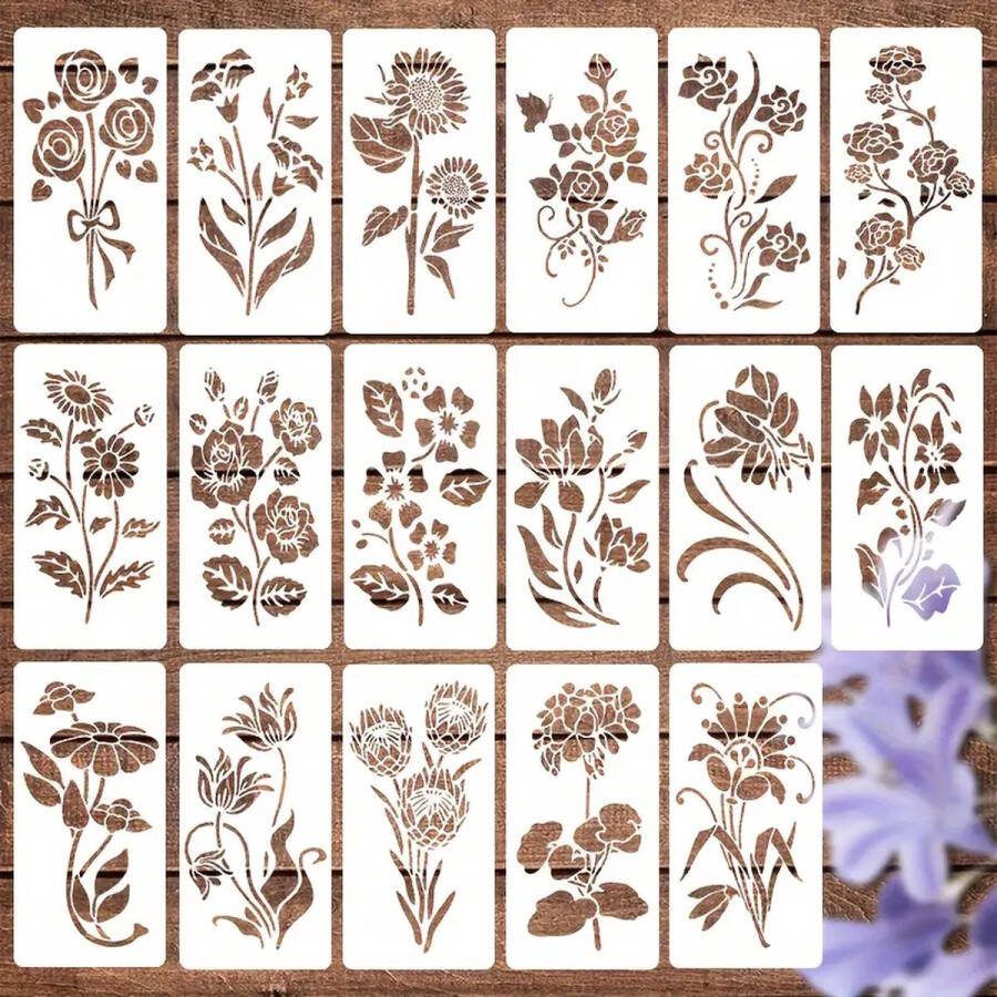 Bullet Journal Plastic Stencils 17 stuks Bloemen Templates Mix Planten Rozen Tulp Tulpen Roos Bladeren Sjablonen 7.5 x 15 cm Handlettering toolkit Knutselen Decoratie Accessoires