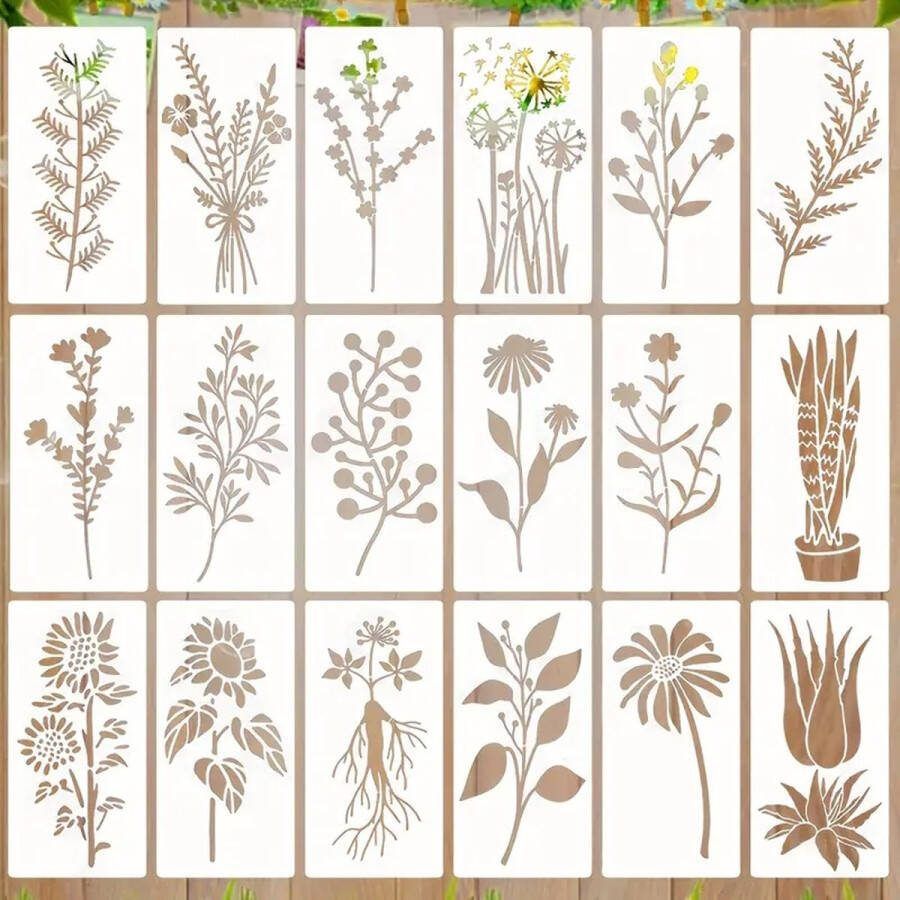 Bullet Journal Plastic Stencils 18 stuks Bloemen Templates Mix Planten Rozen Tulp Tulpen Roos Bladeren Sjablonen 7.5 x 15 cm Handlettering toolkit Knutselen Decoratie Accessoires