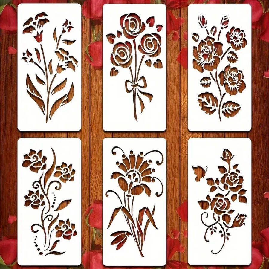 Bullet Journal Plastic Stencils 6 stuks Bloemen Templates Mix Planten Rozen Tulp Tulpen Roos Bladeren Sjablonen 7.5 x 15 cm Handlettering toolkit Knutselen Decoratie Accessoires