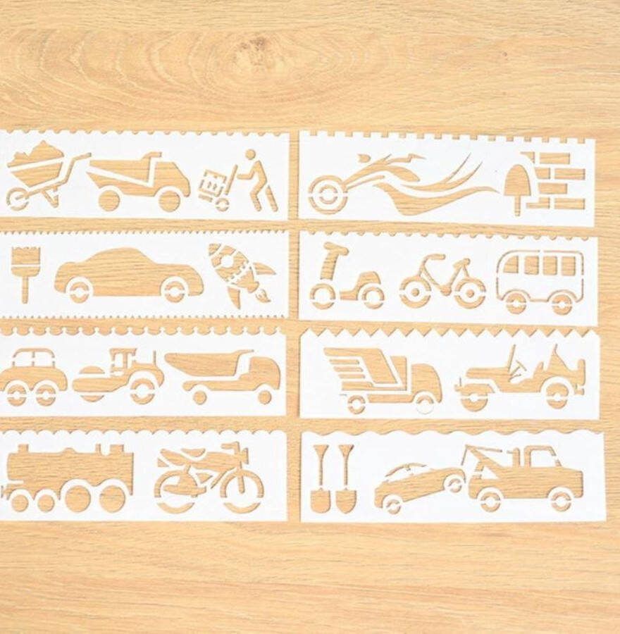 Merkloos Sans marque Bullet Journal Plastic Stencils 8 stuks Templates Auto Motor Vervoersmiddelen Trein Sjablonen 5 x 18 3cm Handlettering toolkit Knutselen Decoratie Accessoires