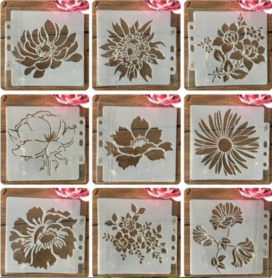 Bullet Journal Plastic Stencils 9 stuks Templates Bloemen Flowers Mix Sjablonen 13 x 13 cm Handlettering toolkit Knutselen Decoratie Accessoires