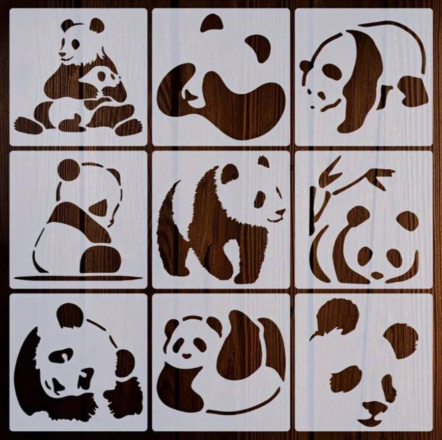 Bullet Journal Plastic Stencils 9 stuks Templates Panda's Dieren Dierentuin Zoo Animals Mix Sjablonen 15 x 15 cm Handlettering toolkit Knutselen Decoratie Accessoires