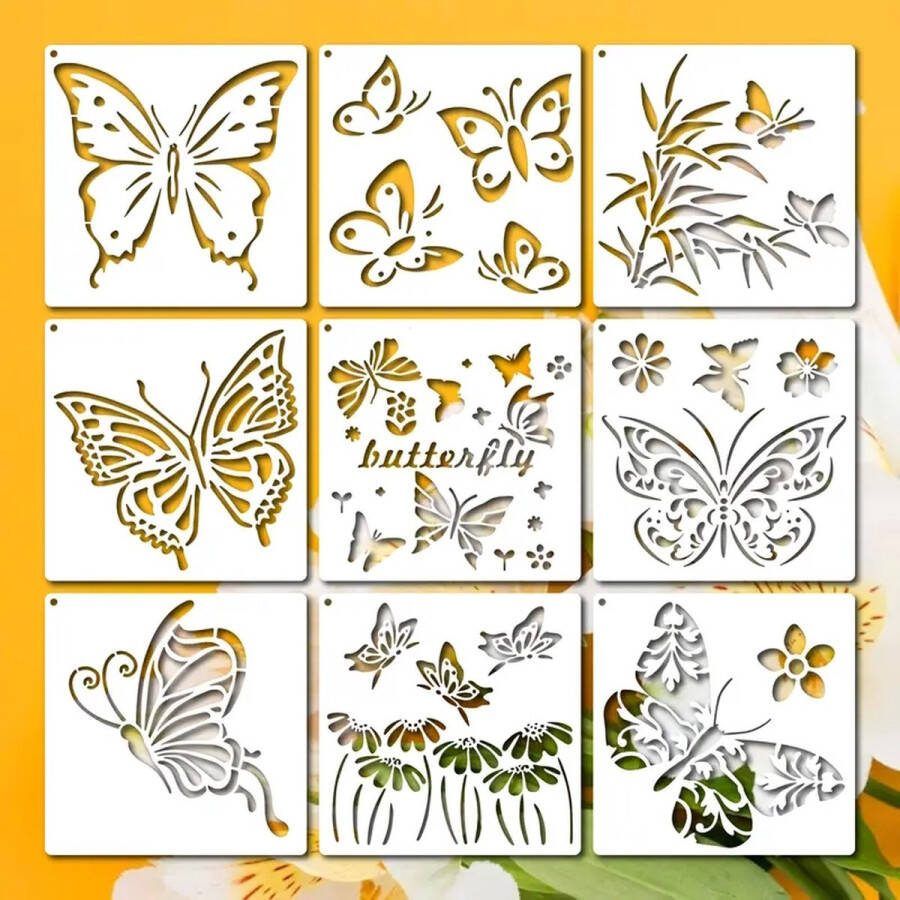 Bullet Journal Plastic Stencils 9 stuks Templates Vlinders Butterfly Butterflies Vlinder Dieren Animals Bloemen Flowers Mix Sjablonen 15 x 15 cm Handlettering toolkit Knutselen Decoratie Accessoires