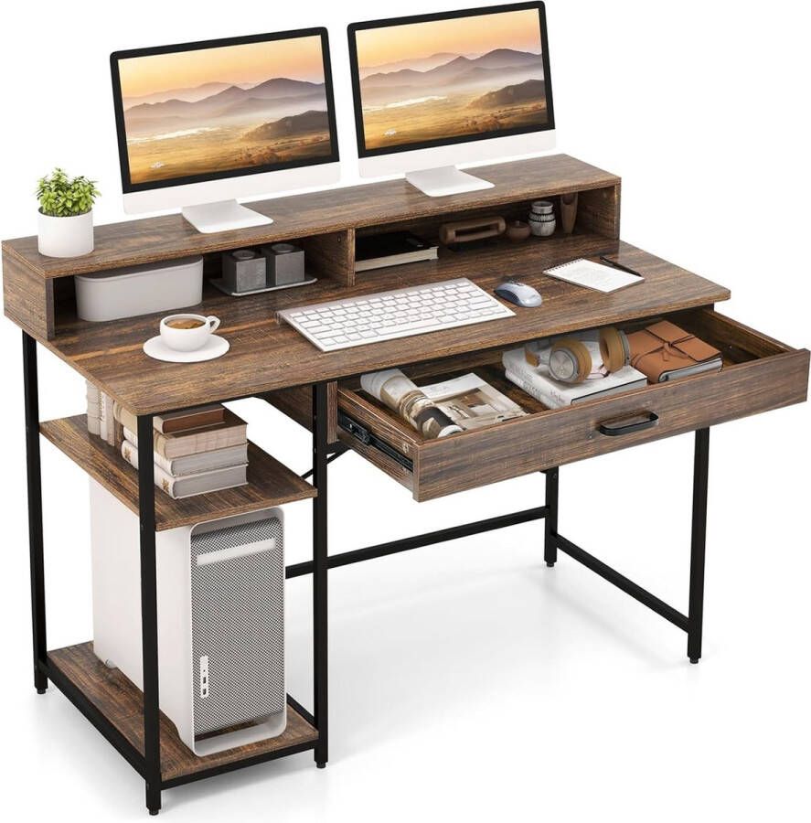 Bureau met lade monitorstandaard & 2 open planken computertafel met metalen frame pc-tafel bureautafel 120 x 56 x 90 5 cm rustiek bruin