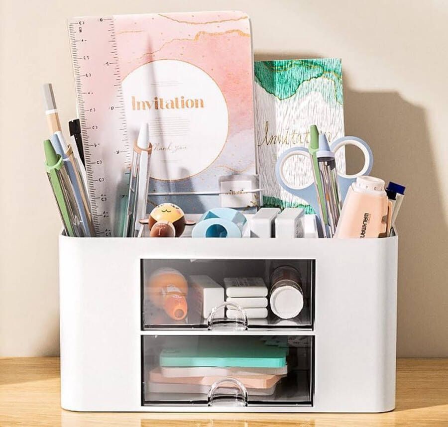 Bureau-organizer 5 compartimenten Bureau-organizer Penhouder Bureau met 2 laden Plastic tafelorganizer Ruimtebesparende bureau-organizer voor kantoor Desktop School Home