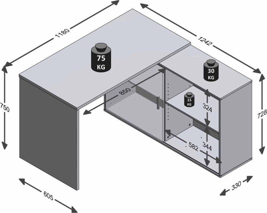 Bureau Rafaël Sonoma Eiken-Antraciet Eiken Matera 118x124 5cm Hoekbureau Met opbergruimte Hoogte 75 cm