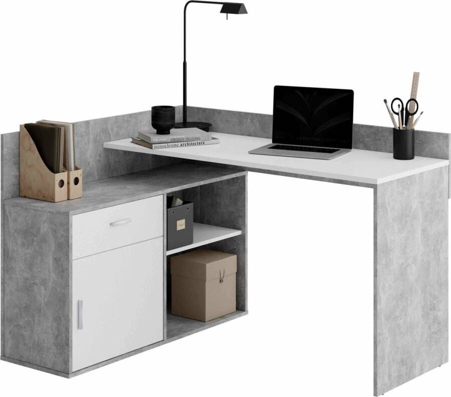 Bureau Samuel Beton Wit 129 1x105 1cm Hoekbureau Met opbergruimte Hoogte 84.7 cm Met lades