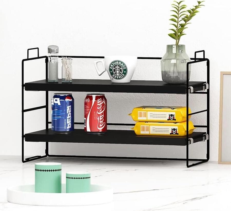 Bureauplanken organizer houten modern design verstelbaar stapelbaar kruidenrek vrijstaand display thuiskantoor school opbergrek (2-laags zwart) koffie rek