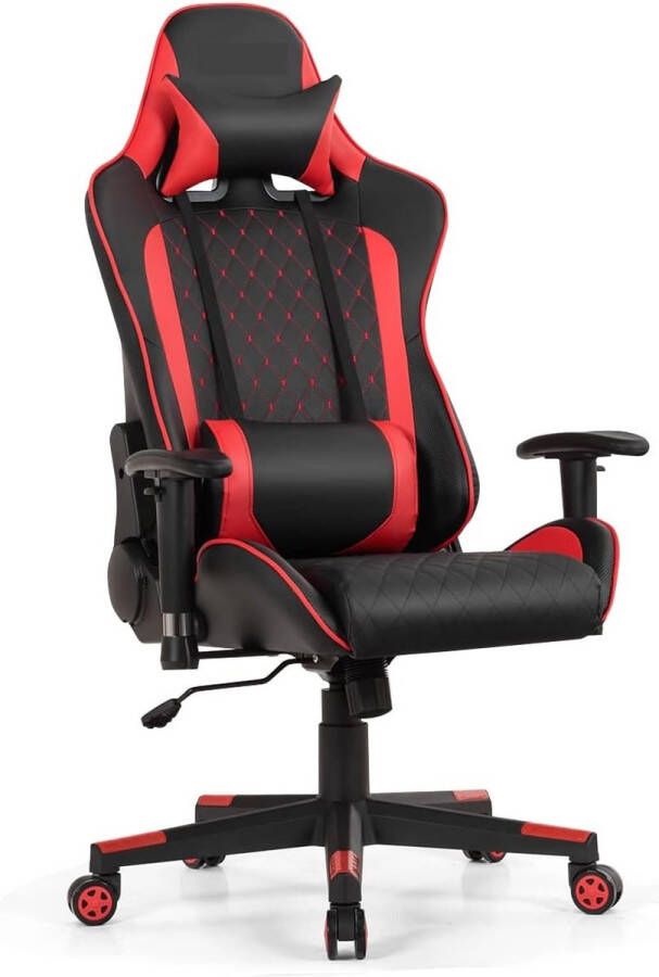 Bureaustoel gamingstoel met hoge rugleuning hoofdsteun en lendensteun ergonomische computerstoel met verstelbare rugleuning en armleuningen gevoerde gamer stoel (rood)