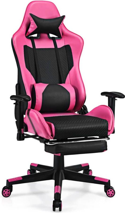 Bureaustoel met intrekbare voetensteun lendenkussen en hoofdsteun ergonomische gamingstoel bureaustoel met verstelbare armleuningen gevoerde computerstoel pc-stoel (roze)