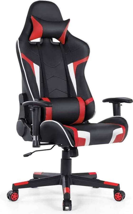 Bureaustoel met lendenkussen en hoofdsteun ergonomische gamingstoel bureaustoel met verstelbare armleuningen hoge rugleuning gevoerde computerstoel pc-stoel (rood)
