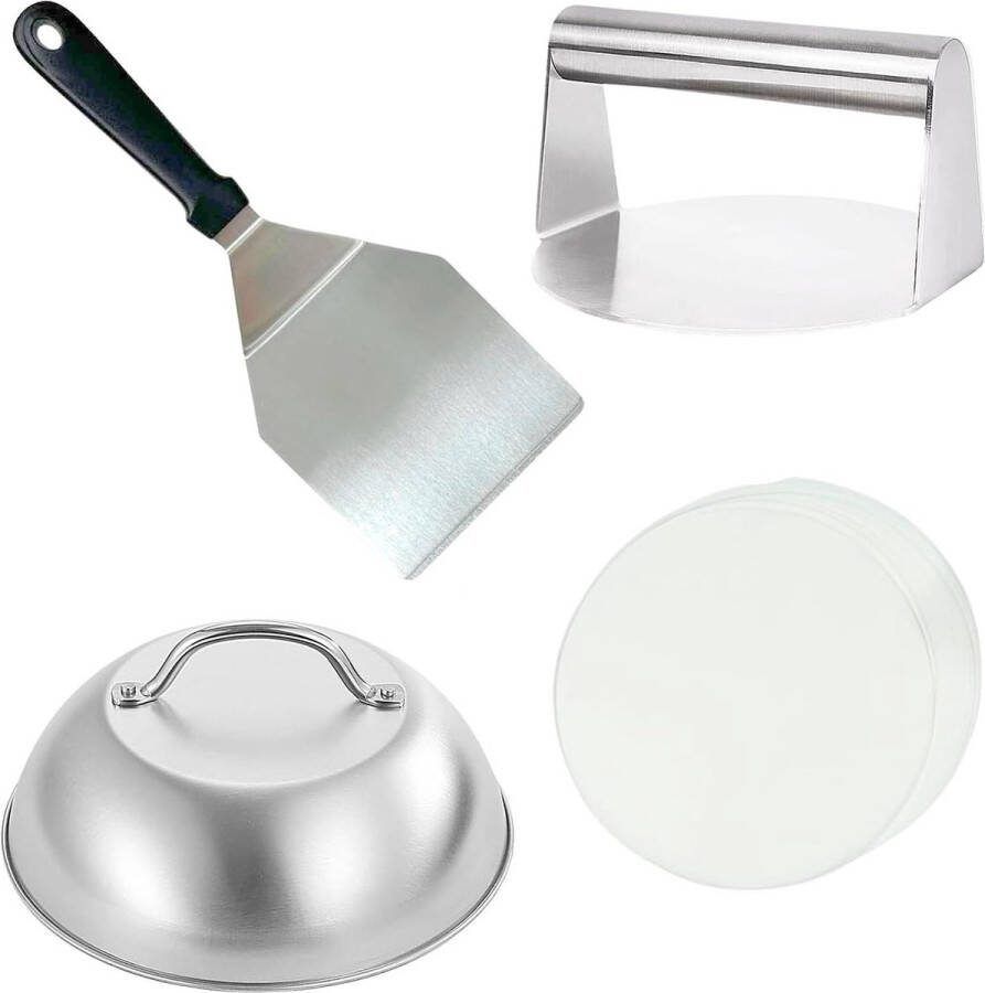Burger Press Kit met Smasher Burger Making Kit voor Perfecte Burgers 30 cm Burger Flipper en 9 Cheese Melting Dome 50 Wax Discs BBQ Grillplaat Accessoires Kit (4 Stuks) smash burger