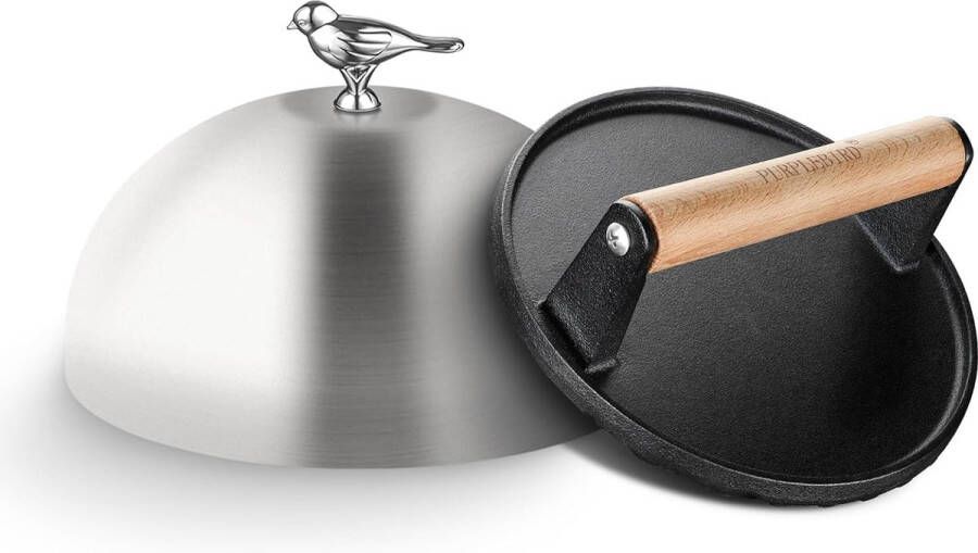 Burger Smasher Set roestvrijstalen burgerklok (diameter 20 cm) met robuuste gietijzeren burgerpers (diameter 17 7 cm) bakplaataccessoireset voor gasgrills