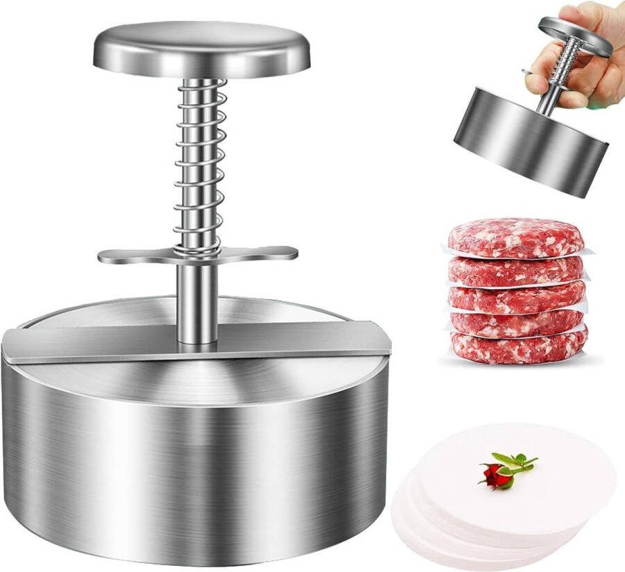 Burgerpers hamburgerpers pattie-pers met antiaanbaklaag roestvrij staal 11 4 cm met 100 vellen siliconenpapier voor burgerliefhebbers feesten avondeten BBQ