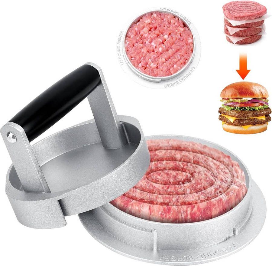 Burgerpers hamburgerpers van aluminium met zwart houten handvat voor lekkere hamburgers patties