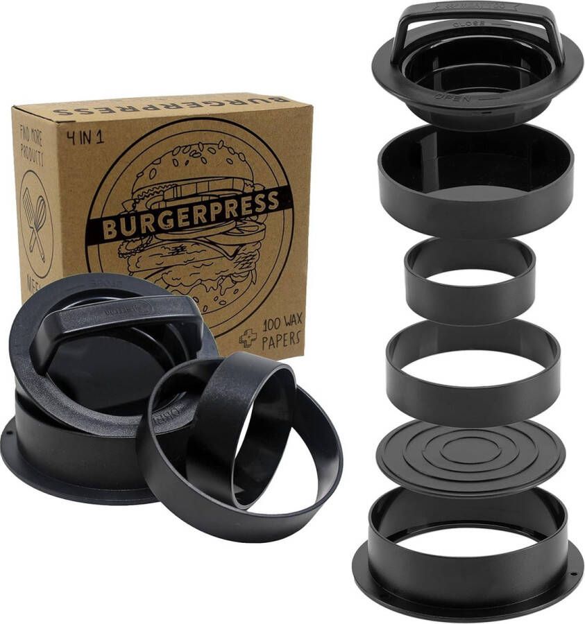 Burgerpers met 100 vellen hamburgerpapier 4 patty maten incl. gevulde patties en XXL hamburgerpattie-pers voor de beste hamburgers patty maker met recepten