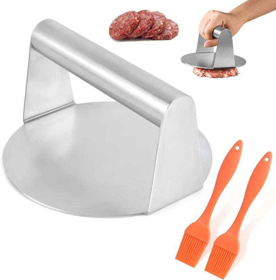 Burgerpers ronde roestvrijstalen hamburgerpers en 2 siliconen bakborstels 14 cm professionele smash burgerpers hamburgerpers voor platte top hamburgerpers en knijpen