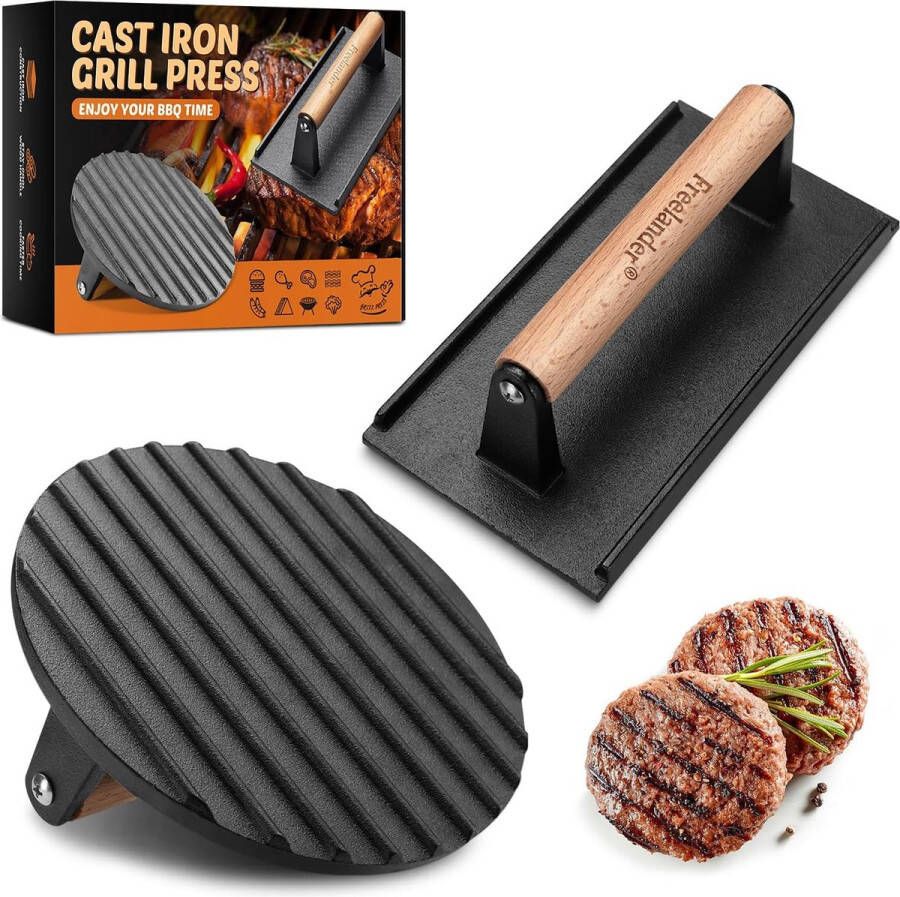 Burgerpers van gietijzer met antiaanbaklaag hamburgerpers met een ronde vorm (Ø 17 6 cm) en een rechthoekige vorm (20 5 cm) grillpers met een hittebestendige handgreep grote hamburgerpers voor de barbecue steak