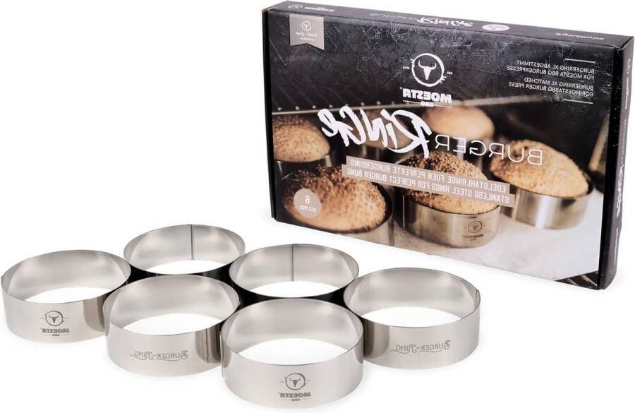 Burgerringen set van 6 van 100% roestvrij staal (maat XL) back-ring voor hamburgerbroodjes serveerring met anti-aanbaklaag barbecue set