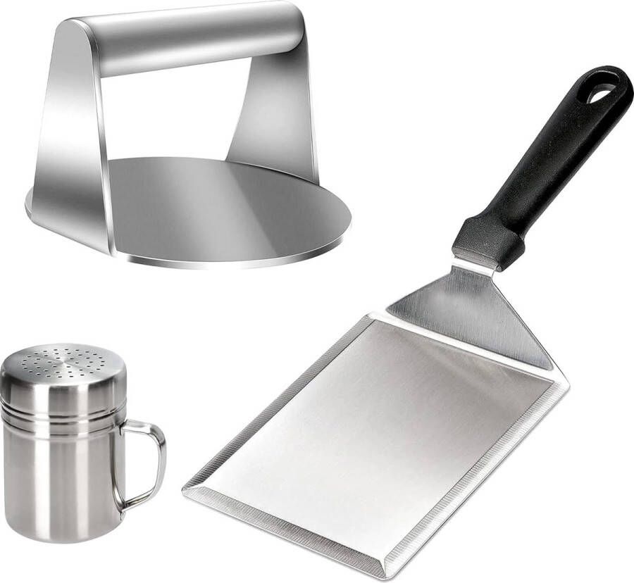 Burgerset roestvrijstalen burgerpers BBQ-spatel en kruidenstrooier Burger-grinder BBQ-accessoireset voor het grillen op platte barbecue-ovens