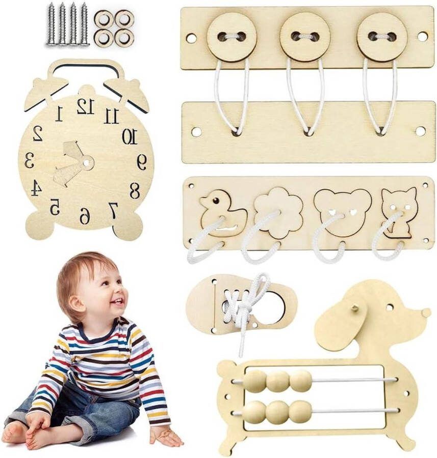 Busy Board 5 stuks houten Montessori educatief speelgoed voor kinderen doe-het-zelf activiteitenbord met praktische vaardigheden