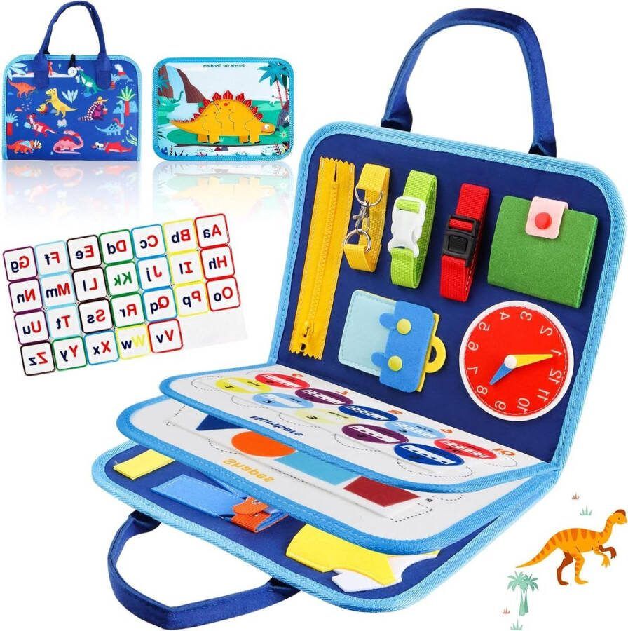 Busy Board activiteitenbord voor peuters Montessori educatief speelgoed 1 jaar draagbaar Quiet Book 3D-vilt 5 lagen (blauw)