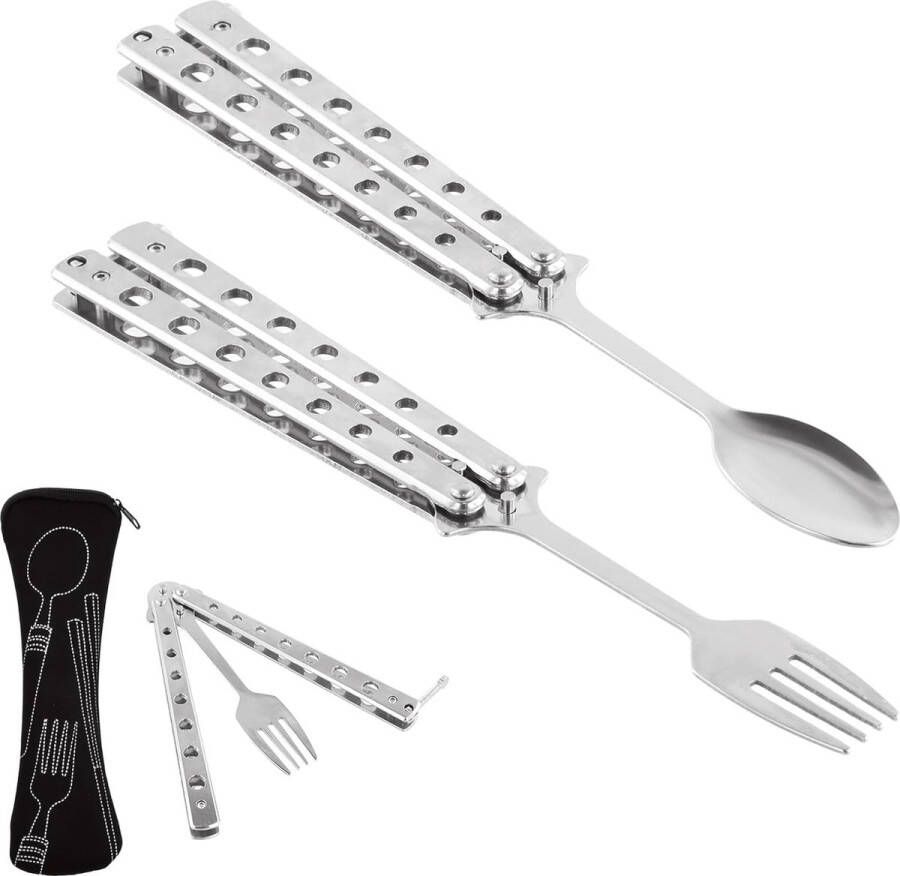 Butterfly Lepels 2 stuks vlinder-vork en lepelset multifunctioneel campingbestek klapbestek roestvrij staal opvouwbaar gebruiksvoorwerpen voor reizen kamperen wandelen bbq flatware