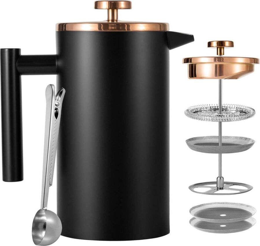 C0ffee Press Koffiepers roestvrij staal 1 liter (6 kopjes) French Press Thermo koffiepers klein 1000 ml koffiemaker dubbelwandig geïsoleerd Zwart