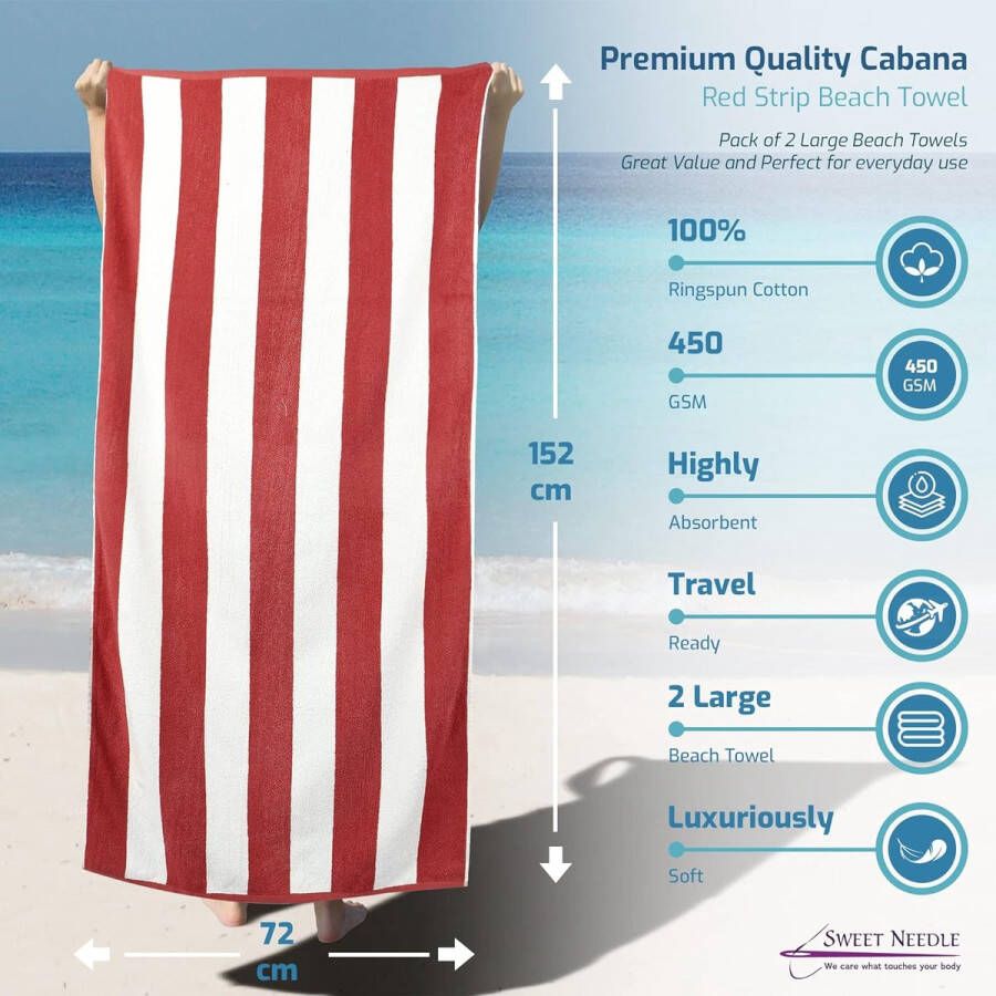 Cabana gestreepte klassieke strandlakens 450 GSM 100% katoenen badstof katoen ringgesponnen zwembadhanddoek sneldrogende badhanddoek 76 x 152 cm rood-wit (2 stuks)