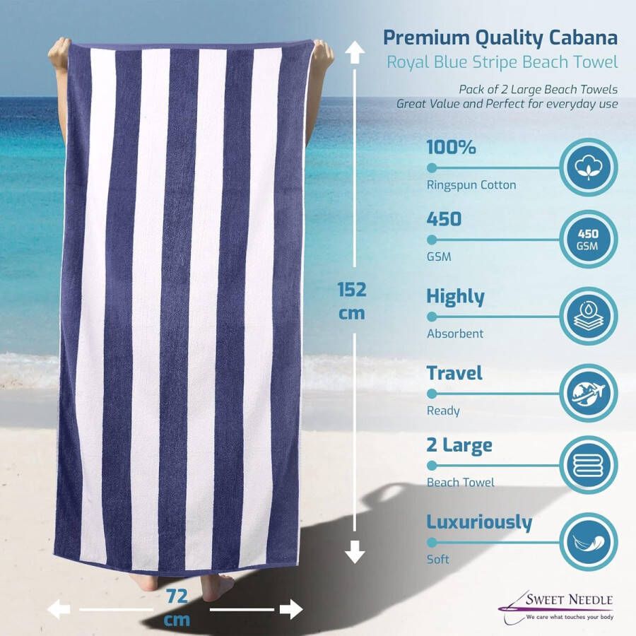 Cabana gestreepte klassieke strandlakens 450 GSM 100% katoenen badstof katoen ringgesponnen zwembadhanddoek sneldrogende badhanddoek 76 x 152 cm blauw-wit (2 stuks)