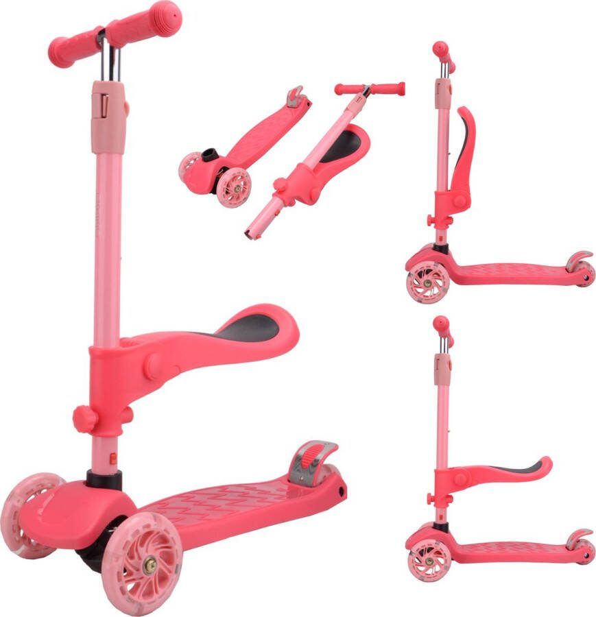 Cabino Kinderstep Met 3 Wielen Inklapbaar & Met Zitting (Vanaf 2 Jaar) Lichtgevende Wielen Roze